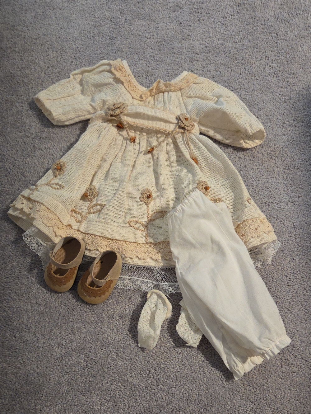 Cream Vintage-Style Doll Dress Set with Bloomer & Shoes For Dolls